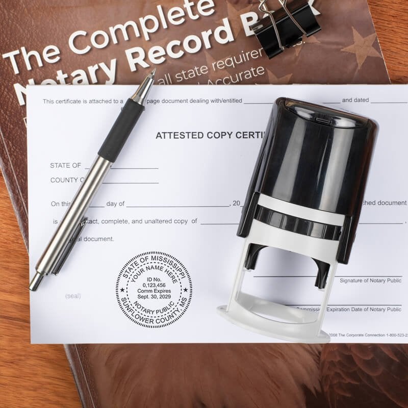 Florida notary stamp on affidavit with record book, pen, and self-inking stamp on wooden surface.