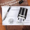 Ohio notary stamp on affidavit with pen and record book on wooden desk.