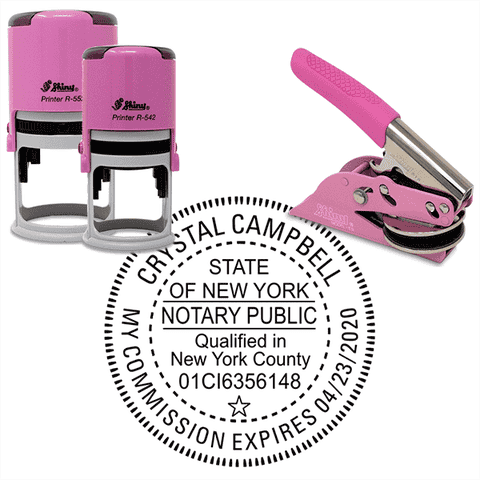 New York with County and Expiration Round Pink Notary Seal