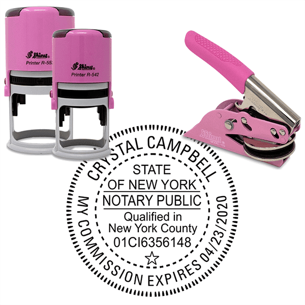 New York with County and Expiration Round Pink Notary Seal