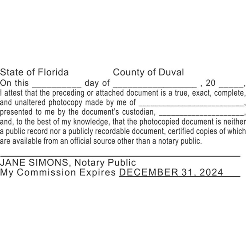 Florida Certified True Copy Notary Stamp Imprint Example