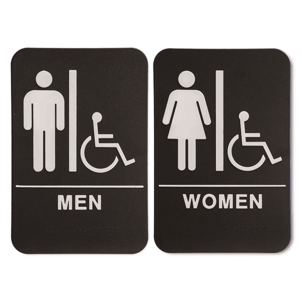 Black 9" x 6" ADA Braille Men's & Women's Handicap Restroom Sign Set