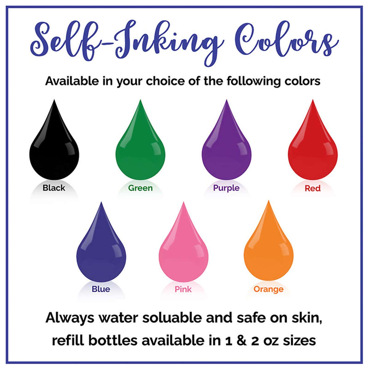 Self-Inking available color options: Black, green, purple, red, blue, pink, and orange. 