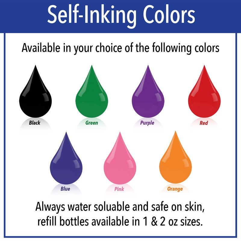 Self-Inking available color options: Black, green, purple, red, blue, pink, and orange. 