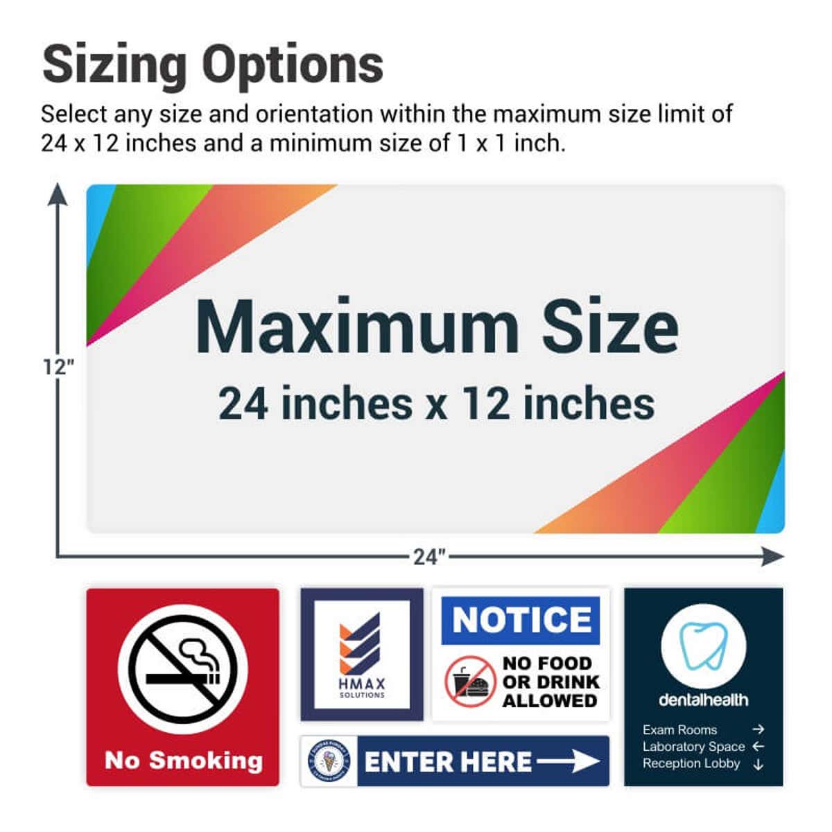 Various printed plastic sign sizes and information on the minimum and maximum size