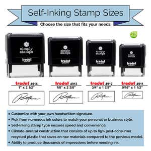 Sizing chart for the Trodat Printy Signature Stamps sold on Simply Stamps