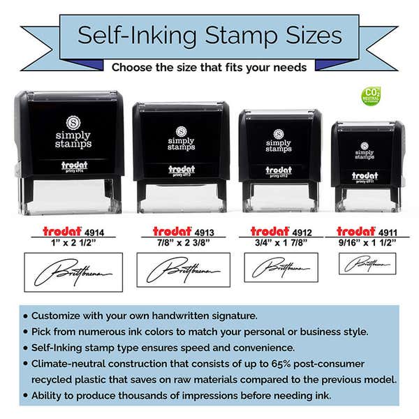 Sizing chart for the Trodat Printy Signature Stamps sold on Simply Stamps