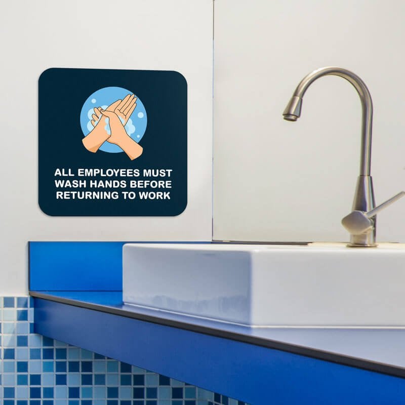Handwashing sign with a Navy-blue background that reads: All employees must wash hands before returning to work