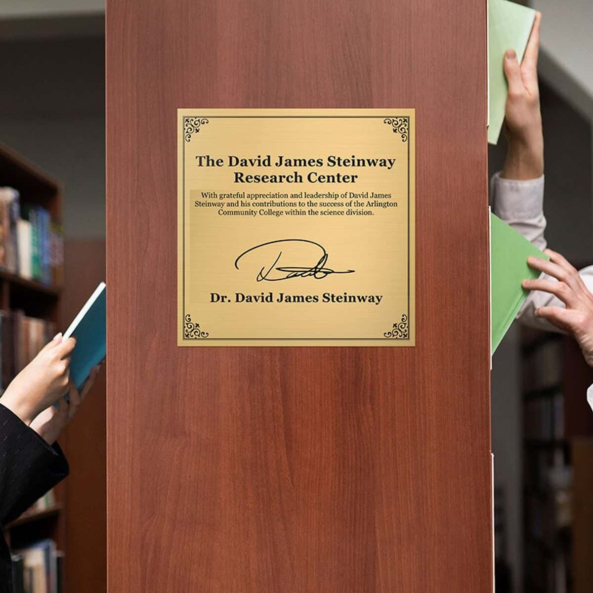 10x10 custom engraved sign displayed on a bookshelf