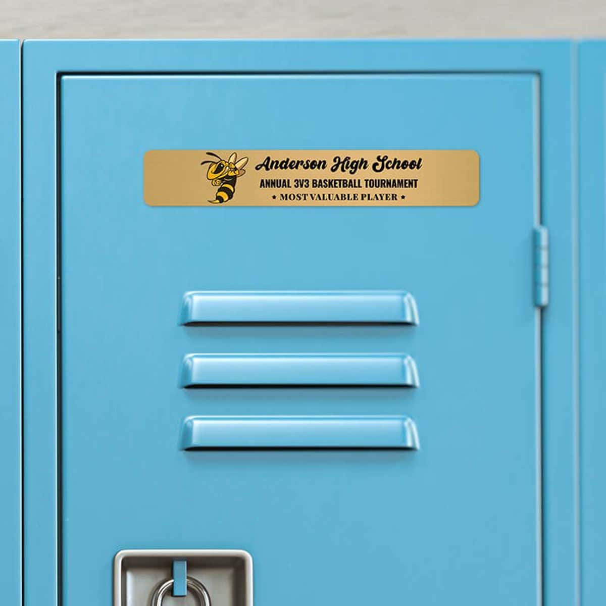 1x6 printed brass sign displayed on a locker