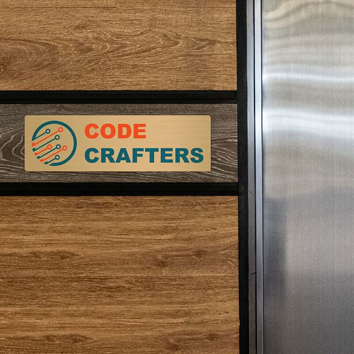 3x10 printed brass sign displayed on a wooden wall