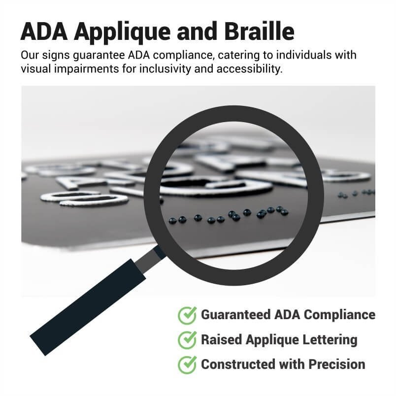 Infographic explaining the applique and braille for ADA compliance
