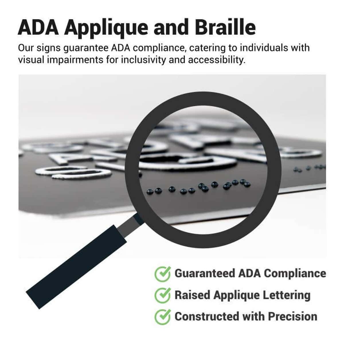Infographic explaining the applique and braille for ADA compliance