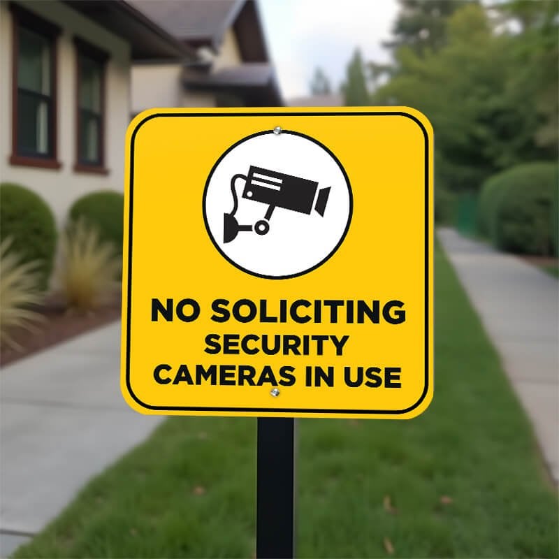 No soliciting sign with a yellow background reading Security cameras in bold hung on a pole 
