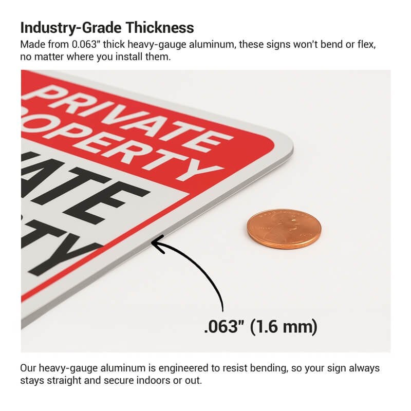 The 1.6mm thickness of an aluminum sign compared to a penny
