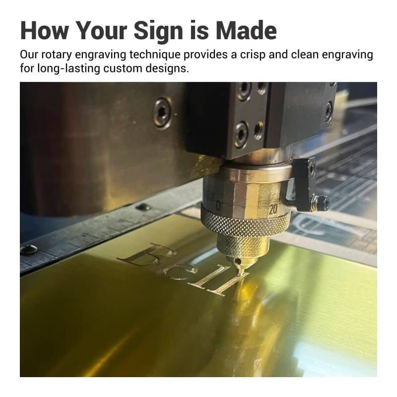 Infographic showing how brass signs are rotary engraved