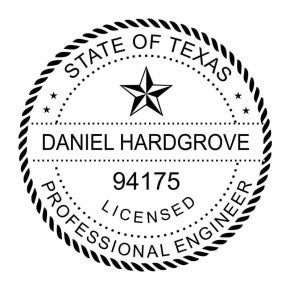 Texas professional engineer stamp with name, license number, and circular border design.