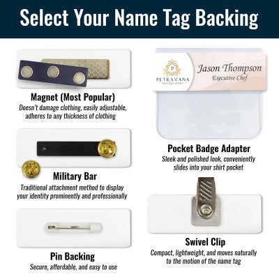 Infographic illustrating the 5 name tag backings offered