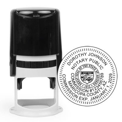 Self-inking Arizona notary stamp with state seal and personalized round imprint.