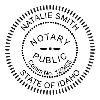 Round Idaho notary public stamp next to black and white self-inking stamp.