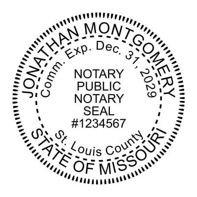 Missouri notary public round stamp seal with expiration date and county.