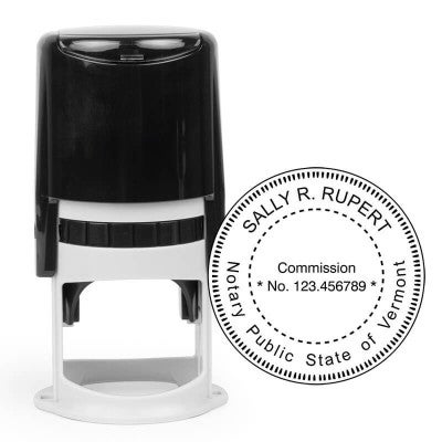 Vermont notary stamp with black self-inking body, showing personalized commission and official state-required layout.