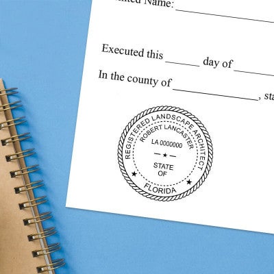 The State of Florida Landscape Architect Seal impression at the bottom of a document with a blue background
