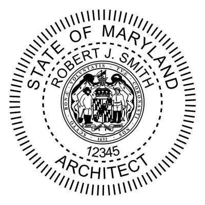 Maryland architect stamp design with name, license number, and state seal.