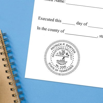 The State of Tennessee Architect Seal impression at the bottom of a document with a blue background