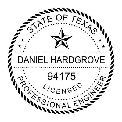 Texas professional engineer stamp with name, license number, and circular border design.