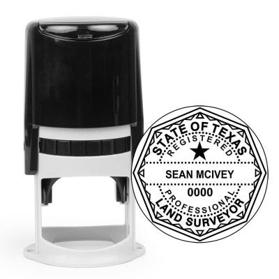 Texas land surveyor self-inking stamp featuring a black handle and octagonal seal with customizable name and license number.