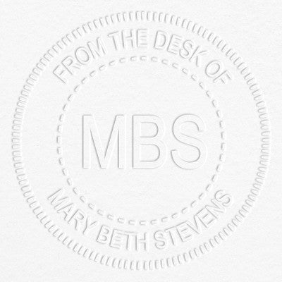 Custom Initial From the Desk of Embosser impression on grey paper