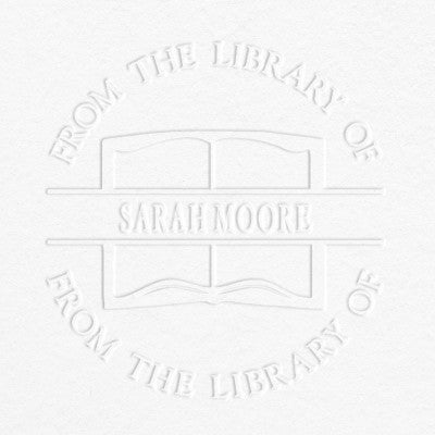 Example of From the Library Book Name Embosser Impression on Grey Background