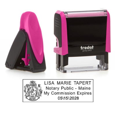 Maine Notary Pink Stamp is available as a pocket-stamp or self-inking stamp