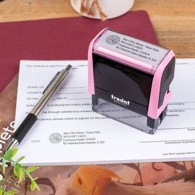 New Mexico Pink Rectangle Notary Stamp Standing Next to an Impression on a Document
