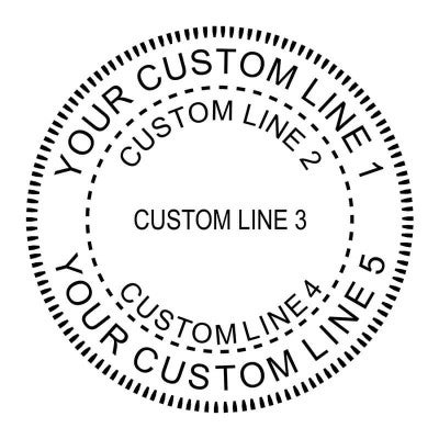 Custom 5 Line Round Border Design Stamp impression shown in black ink