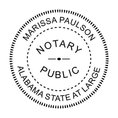 Alabama notary public seal with expiration date, name, and commission number. 