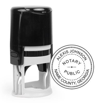The Georgia Notary Public Round Stamp impression next to the Shiny S-542 self-inking stamp