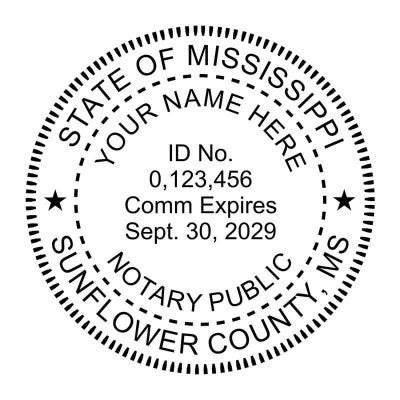 Mississippi notary stamp with name, commission expiration, and circular seal layout.