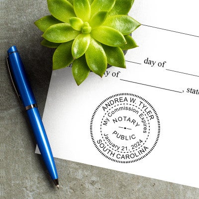 The South Carolina Notary With Expiration Date Round Stamp leaves crisp, clear impressions