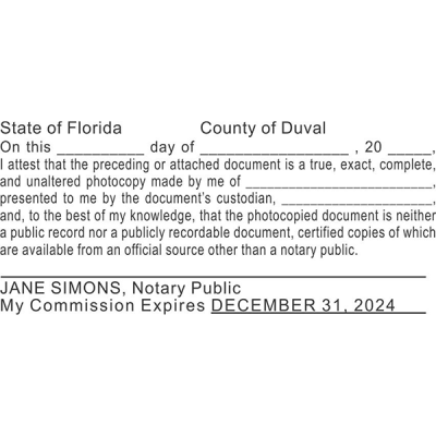 Florida Certified True Copy Notary Stamp Imprint Example