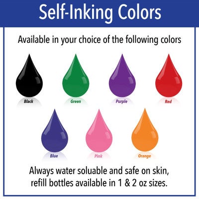 Self-Inking available color options: Black, green, purple, red, blue, pink, and orange. 
