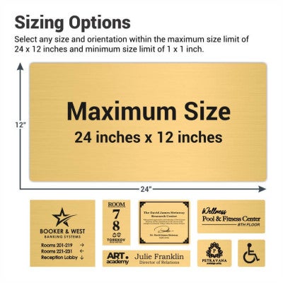 Various engraved brass sign sizes next to each other 