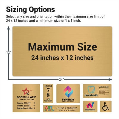 Various engraved brass sign sizes next to each other 