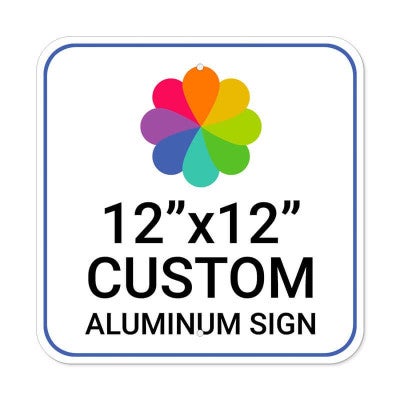 Custom 12”x12” aluminum sign, square shape with rounded corners and colorful pinwheel flower-style icon