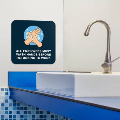 Handwashing sign with a Navy-blue background that reads: All employees must wash hands before returning to work