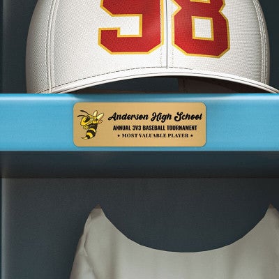 2x6 printed brass sign displayed in a locker