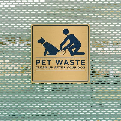 4x4 printed brass sign displayed on a fence