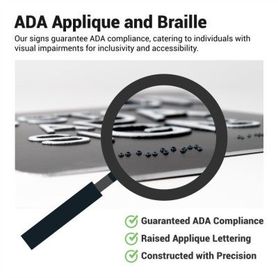 A close-up on the Braille and tactile text used for ADA signs