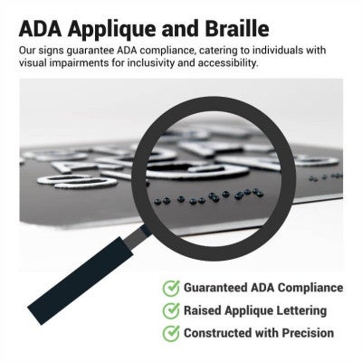 Infographic explaining the raised applique and braille text for ADA compliance